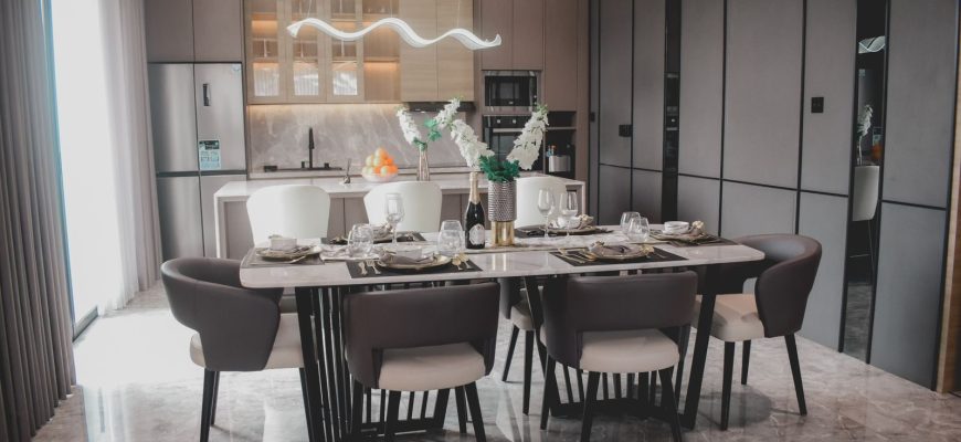 Stylish modern dining room setting in a luxury Jakarta home.